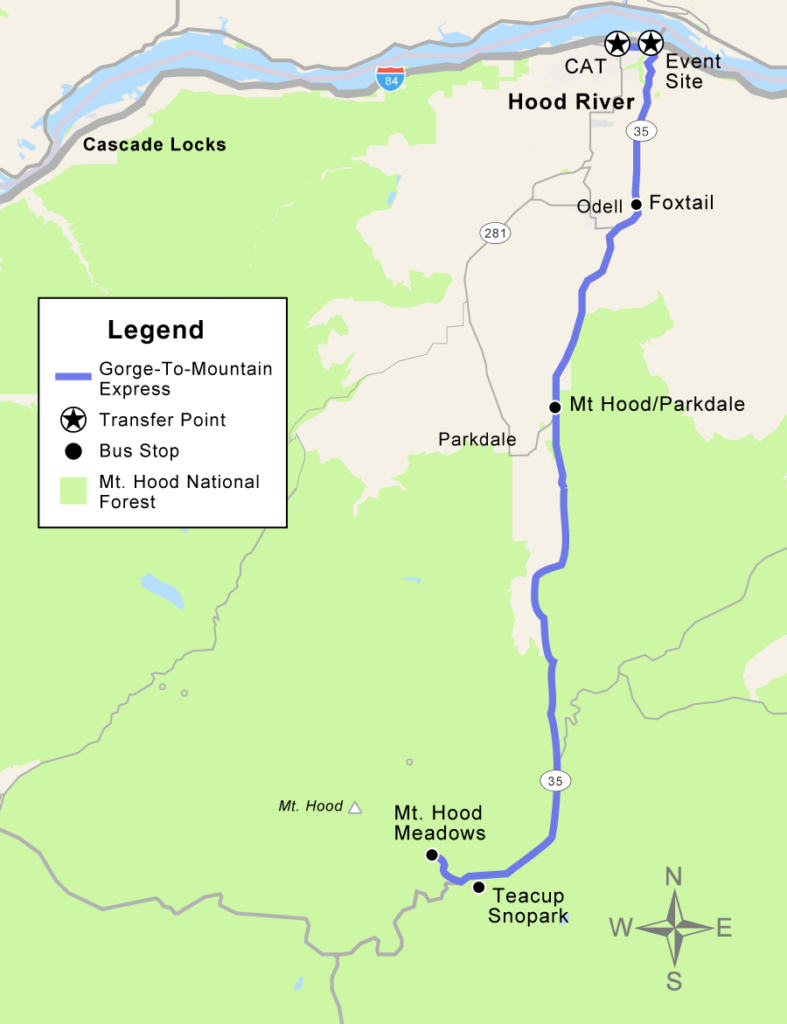 map of the route from Hood River to Mt. Hood Meadows