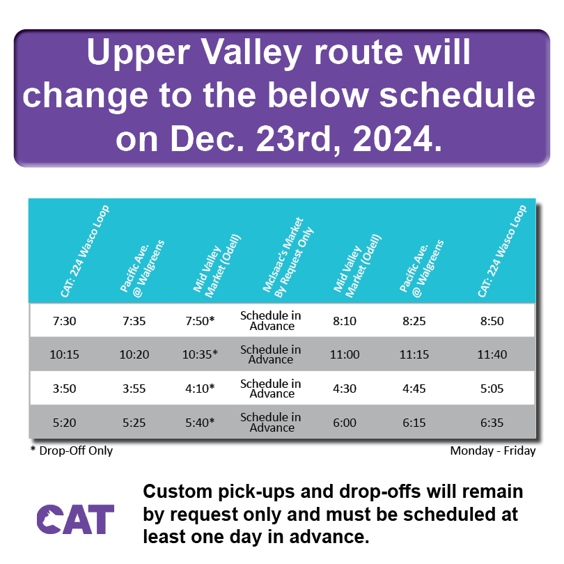 Upper Valley Schedule Changes Start 12/23/2024 Columbia Area Transit